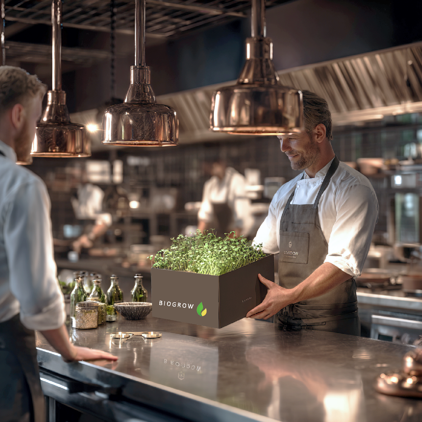 Chef in luxury kitchen holding a Biogrow microgreens box